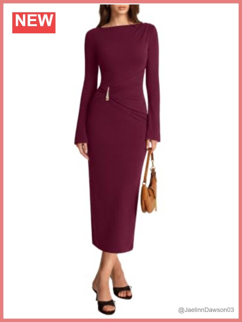 Long Sleeve Boat Neck Maxi Dress Ruched Waist Wedding Guest Party